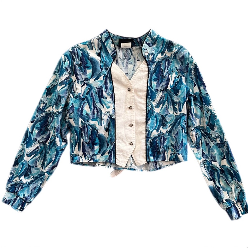 Vintage Five Star by Roper Blue horse print Western button down shirt, cotton, L